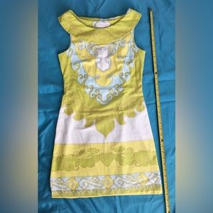 EUC Tori Richard Honolulu white/yellow/blue sleeveless textured short dress. 0